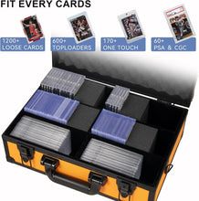 Load image into Gallery viewer, Toploader Storage Box for 3x4 35pt Rigid Cards ＆ Top Loader Cards - Aluminum Alloy Trading Card Storage Box, Sports Card Case with Lock (Holds 600+ Toploaders, Orange)
