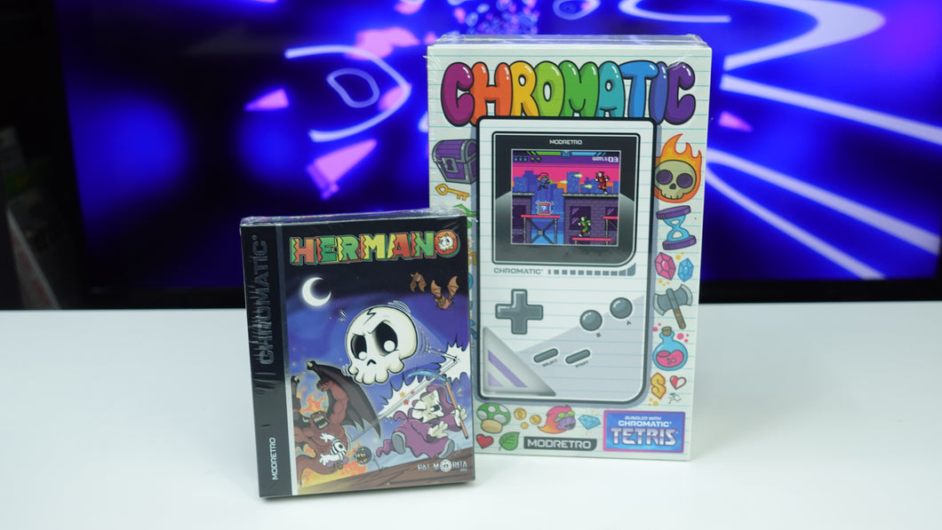 ModRetro Chromatic Cloud Gorilla Glass Handheld + Hermano Game NEW